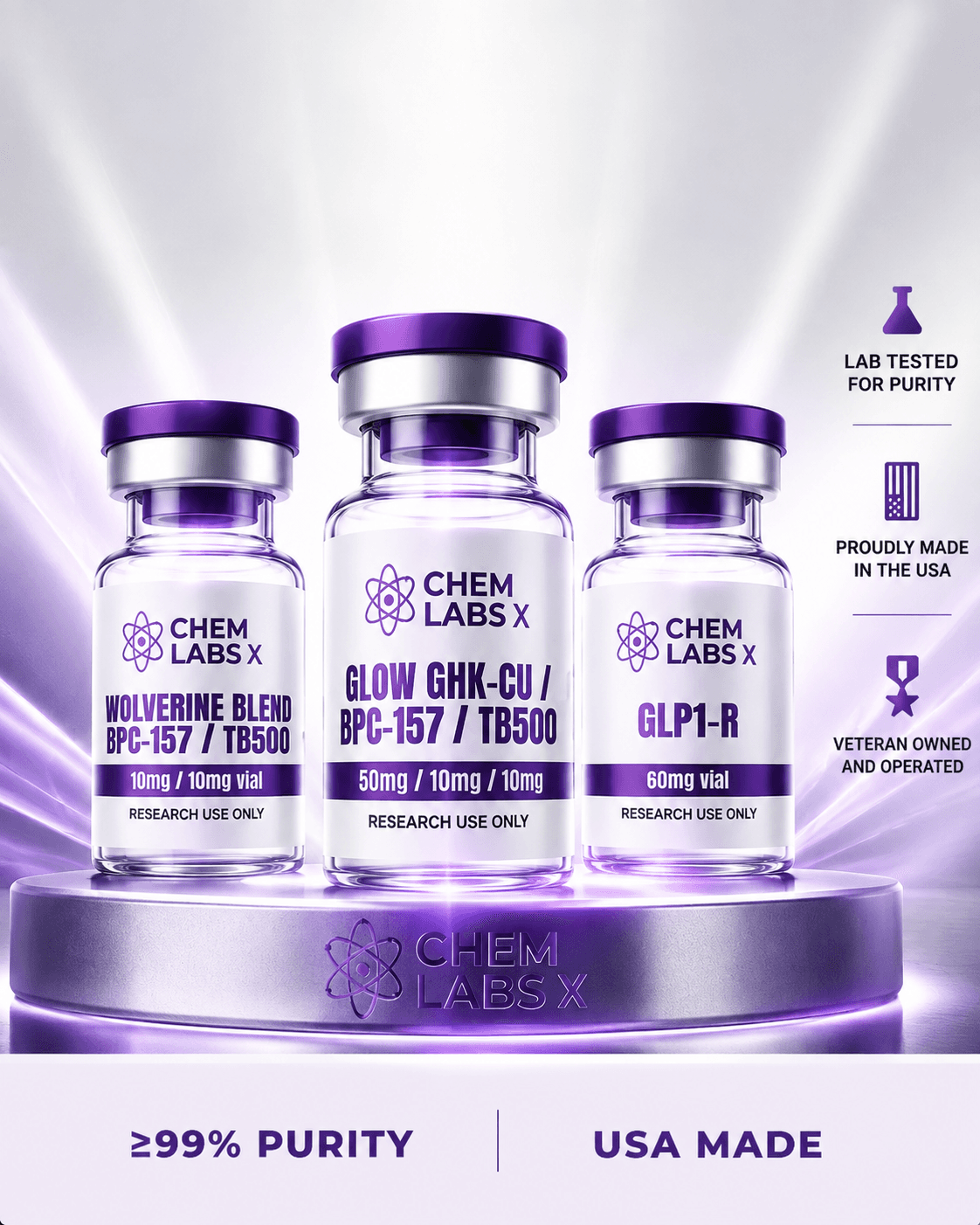 Chem Labs X research products on a lit podium — ≥99% purity, USA made, veteran-owned