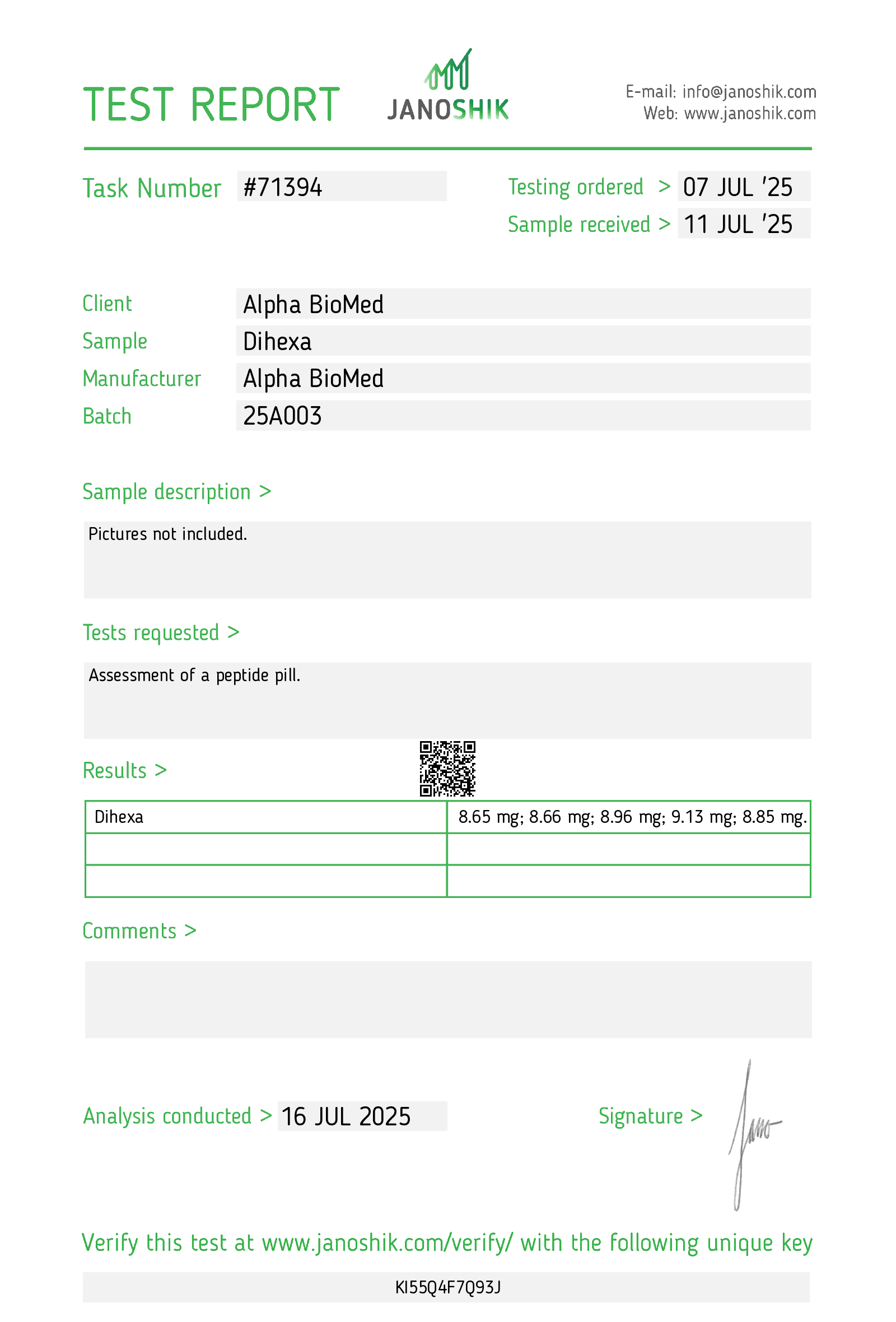 Certificate of Analysis — DHX
