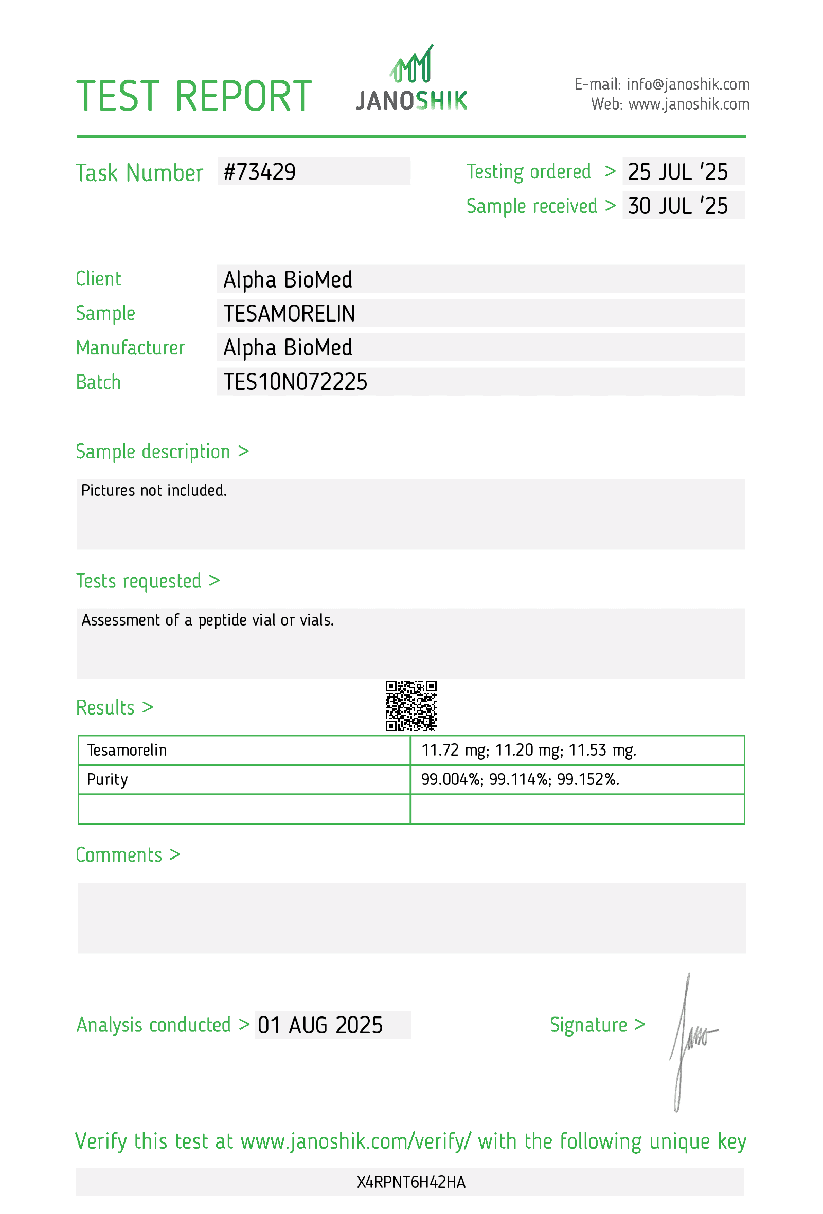 Certificate of Analysis — TSM