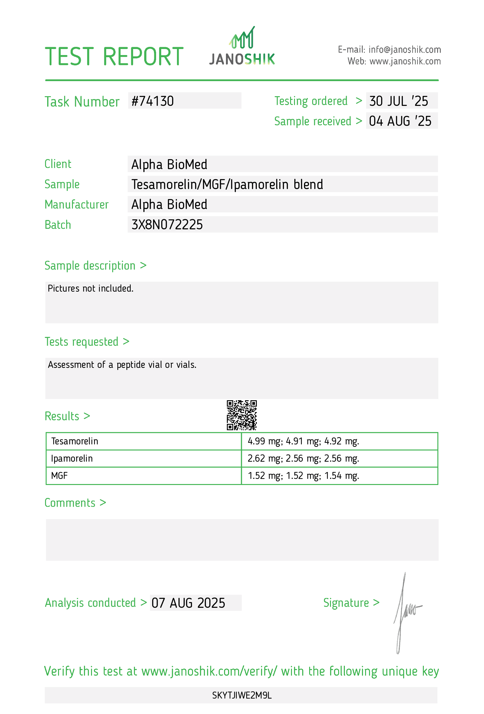 Certificate of Analysis — 3X Tesa/MGF/Ipa
