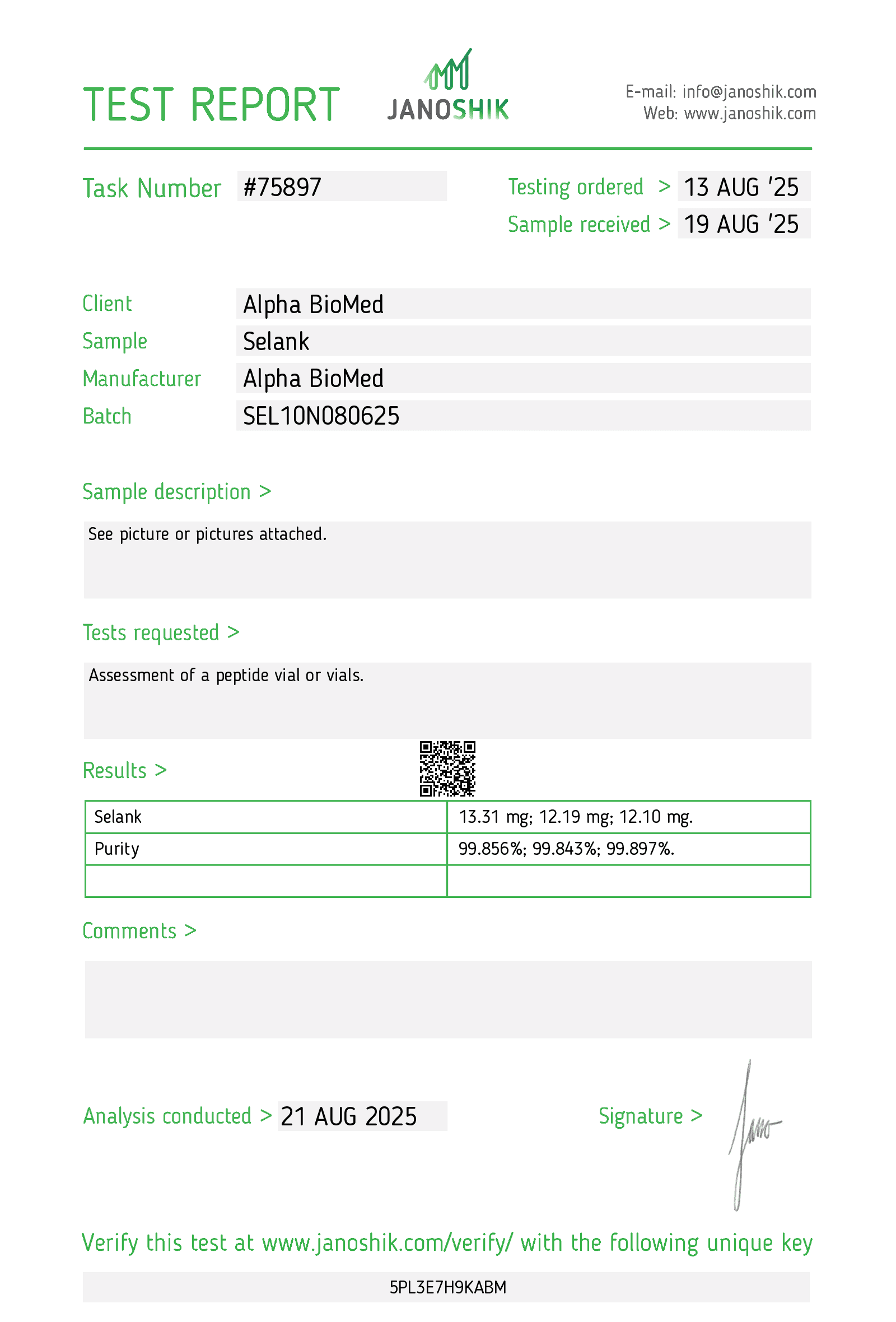 Certificate of Analysis — SLNK